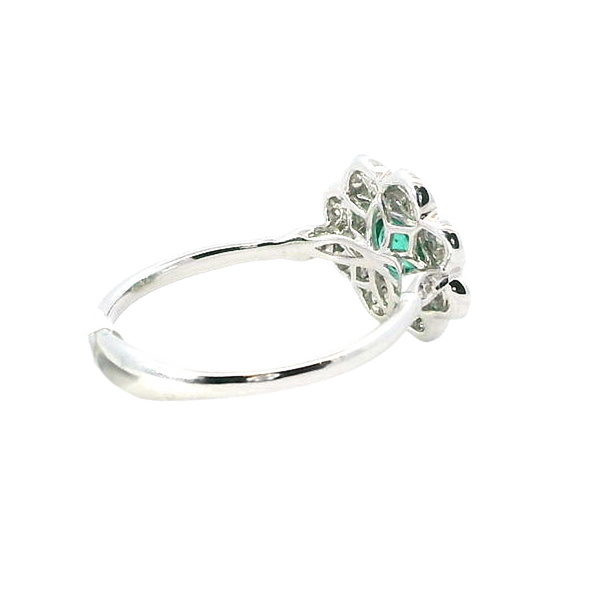 Bold & Elegant 18K White Gold Oval Cut 0.43 Carat Emerald & 0.17 Carat Diamond Floral Vintage Inspired Halo Ring