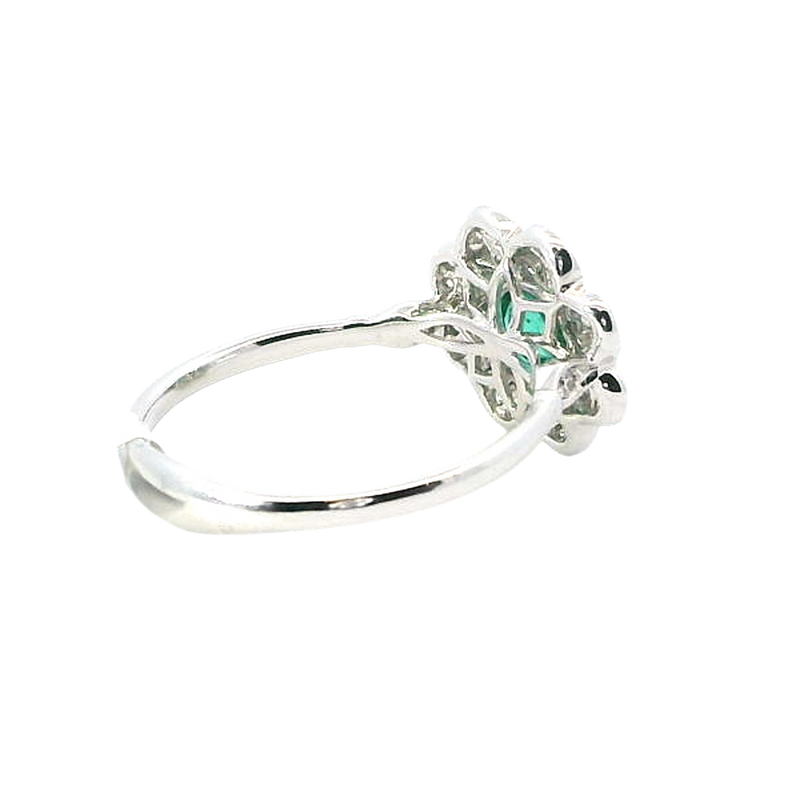 Bold & Elegant 18K White Gold Oval Cut 0.43 Carat Emerald & 0.17 Carat Diamond Floral Vintage Inspired Halo Ring
