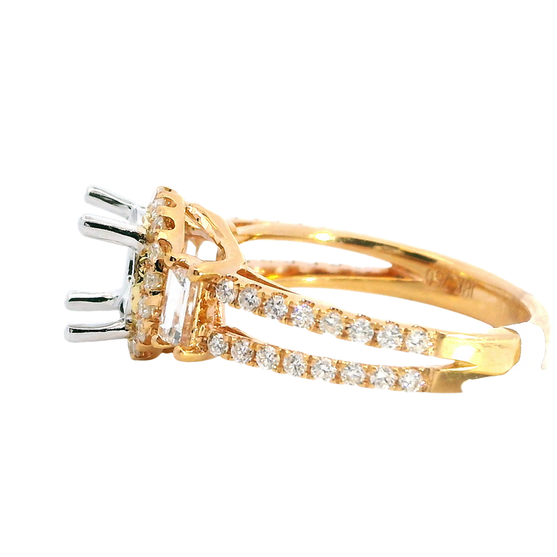 Elegant Diamond Mountings 18K Rosé & White Gold 1.50 Carat round Mounting -  0.87 Carat Baguette & Round Diamonds
