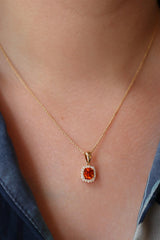 Elegant Colored Stone Necklace 14K Gold Yellow 1.41 Carats Mandarin Garnet & 0.18 Carats Diamond Halo Pendant Necklace - 16-18 Inch