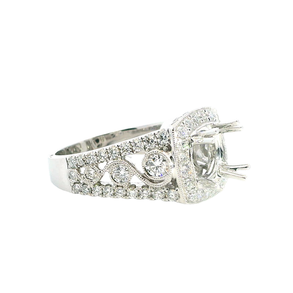 Elegant Diamond Mountings 18K White Gold 1.50 Carats Round Diamond Halo Semi Mount Ring - 1.32 Carats Diamond Weight