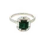 Bold & Elegant 18K White Gold Cushion Cut 2.14 Carats Green Indicolite & Baguette & Round Cut 1.02 Carats Diamond Halo Ring