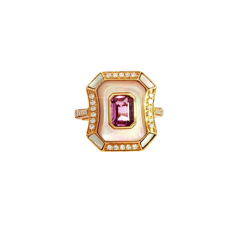 Bold & Elegant 18K Yellow Gold Emerald Cut 1.0 Carat Natural Pink Unheated Sapphire, Mother of Pearl & 0.27 Carats Diamond Double Halo Ring