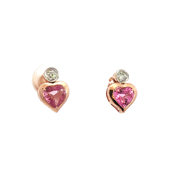 Vibrant Color Stone 14K Rosé Gold 1.13 Carats Pink Sapphire Heart & 0.10 Carats Diamond Stud Earrings