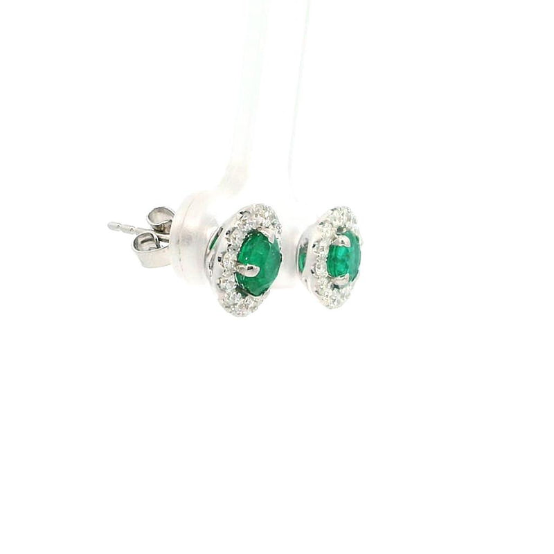 Vibrant Color Stone 18K White Gold 0.96 Carats Emerald & 0.51 Carat Diamond Halo Stud Earrings