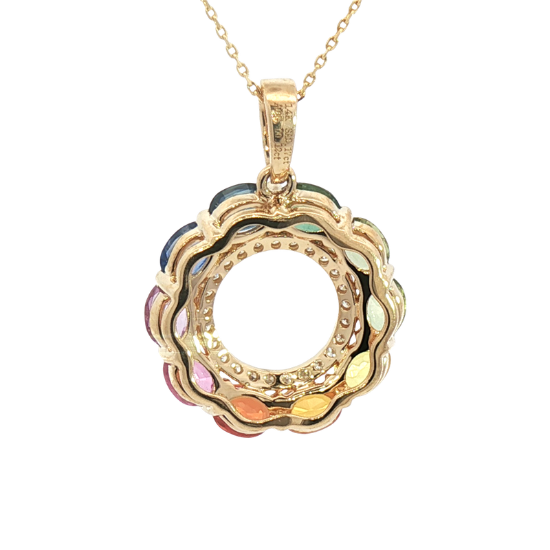 Vibrant Colored Stone Necklaces 14K Yellow Gold 2.17 Carats Multi Colored Sapphires & 0.12 Carats Diamond Necklace, 18 Inch
