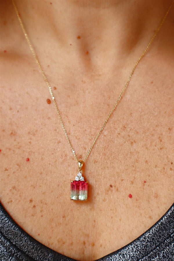 Vibrant Colored Stone Necklaces 18K Yellow Gold Emerald Cut 5.62 Carats WatermelonTourmaline & 0.18 Carats Diamond Necklace, 18 Inch