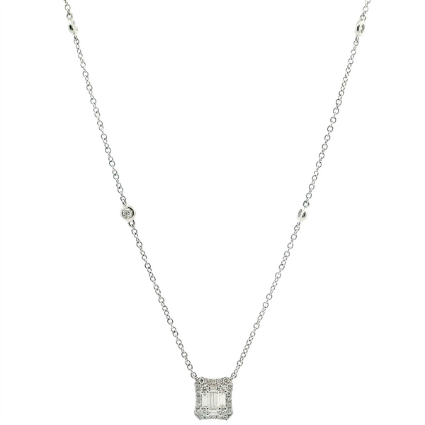 Elegant Diamond Necklaces 18K Gold White 0.19 Carats Baguette Diamonds & 0.31 Carats Round Diamond Halo Drop Necklace - 16.5 Inch