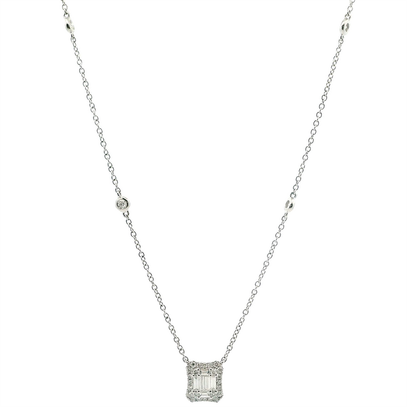 Elegant Diamond Necklaces 18K Gold White 0.19 Carats Baguette Diamonds & 0.31 Carats Round Diamond Halo Drop Necklace - 16.5 Inch