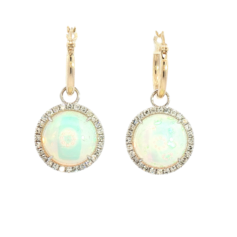 Vibrant Color Stone 14K Yellow & White Gold 4.92 Carats Opals & 0.34 Carats Diamond Halo Dangle Earrings