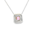 Vibrant Colored Stone Necklaces 18K White & Rosé Gold Square Step Cut 1.09 Carats Pink Sapphire & 0.31 Carats Diamond Double Halo Necklace - 18 Inch