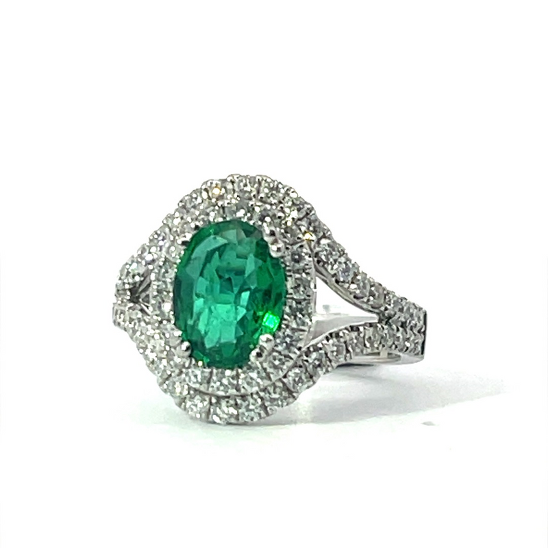 White 18 Karat Gold 1.45 Carats Emerald & 0.89 Carats Diamond Halo Ring