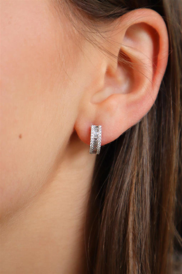 Classic & Contemporary 18K White Gold 0.62 Carats Baguette & Round Diamond Huggie Earrings