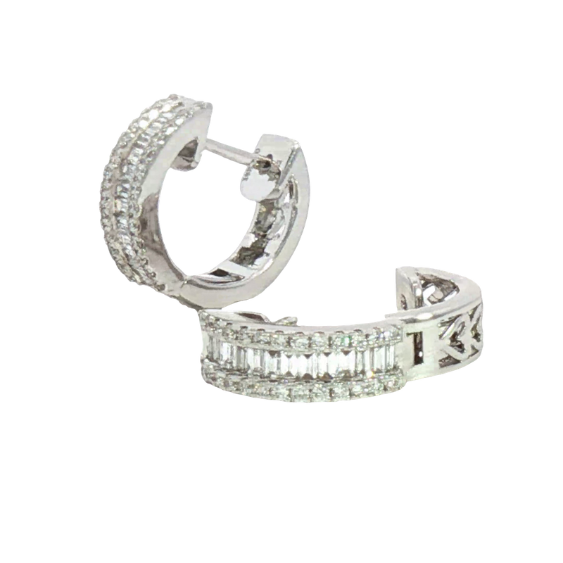 Classic & Contemporary 18K White Gold 0.62 Carats Baguette & Round Diamond Huggie Earrings