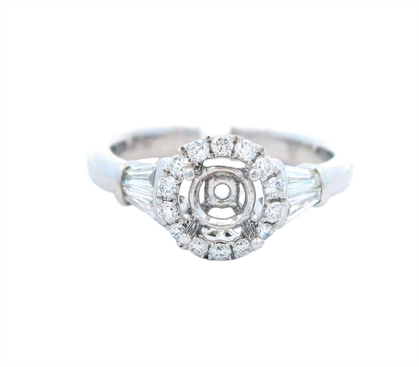 18K White Gold Halo Engagement Ring Setting with Trapezoid Diamonds, 0.44ct
