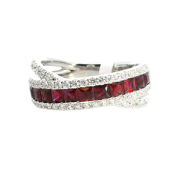 Elegant & Trendy 18K White Gold Princess Cut 0.97 Carats Ruby & 0.47 Carats Diamond Crossover Band