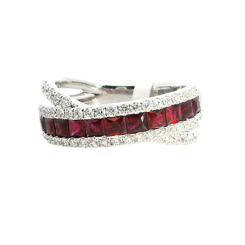 Elegant & Trendy 18K White Gold Princess Cut 0.97 Carats Ruby & 0.47 Carats Diamond Crossover Band