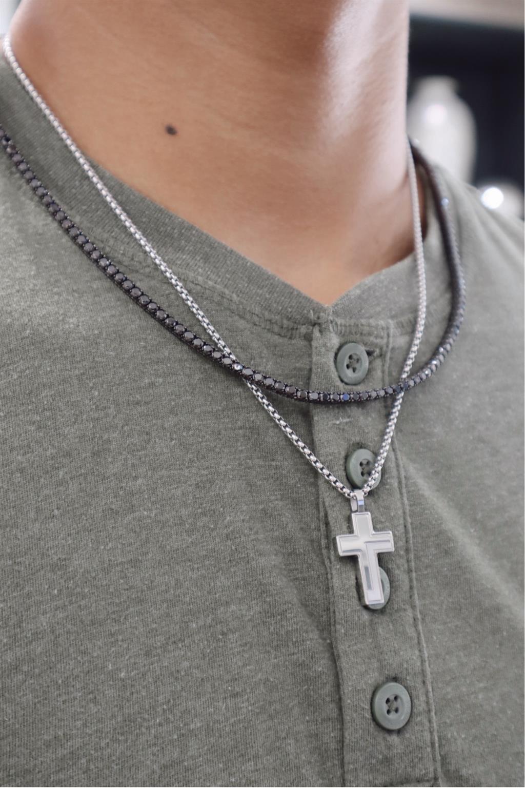 Bold Classic White Stainless Steel Cross Pendant Box Chain, Length 22 Inch