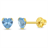 14K Yellow Gold March Birthstone Blue CZ Heart Earrings For Children