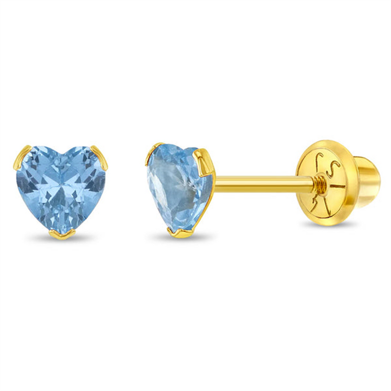 14K Yellow Gold March Birthstone Blue CZ Heart Earrings For Children
