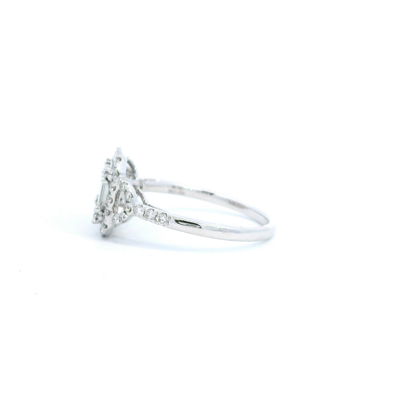 Timeless & Elegant Diamond Engagement Rings 14K White Gold Cushion Halo Emerald Cut, Baguette & Round 0.73 Carats Diamond Engagement Ring