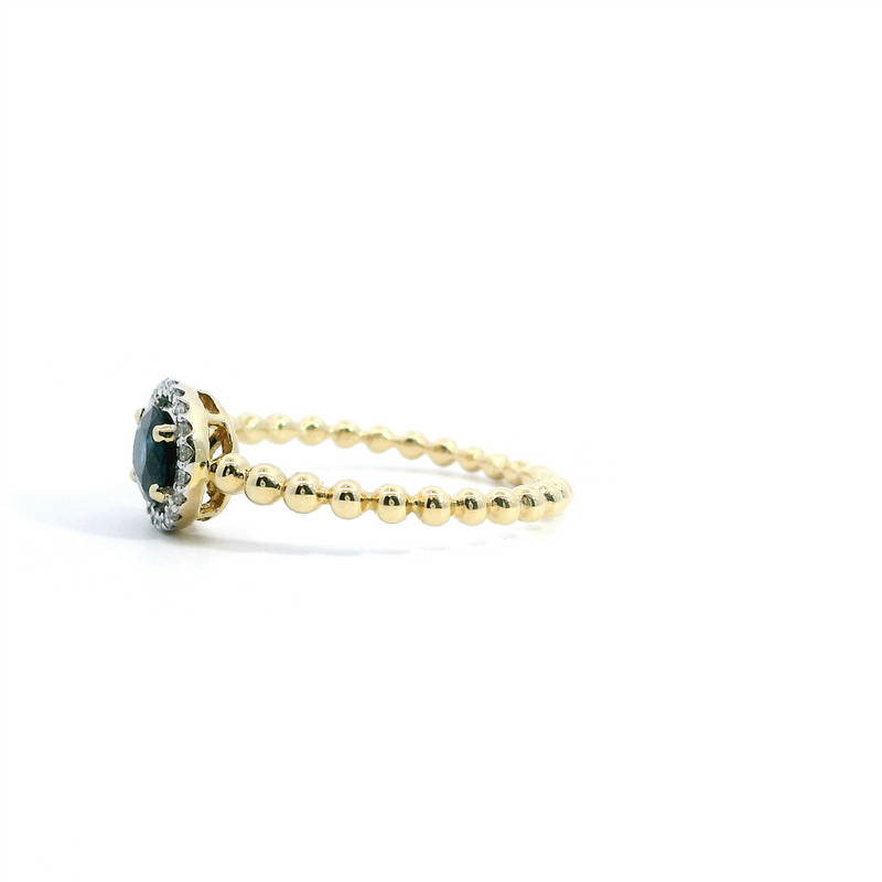 Bold & Elegant 14K Gold Yellow Halo Color Stone Fashion Rings - 0.71 Carats Oval Blue Sapphire & 0.10 Carats Diamond Halo Beaded Fashion Ring