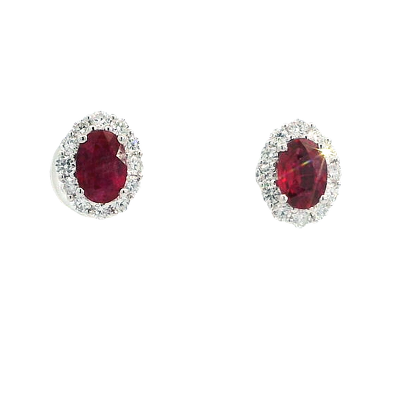 Vibrant Color Stone 18K White Gold 1.07 Carats Oval Ruby & 0.44 Carats Diamond Halo Stud Earrings