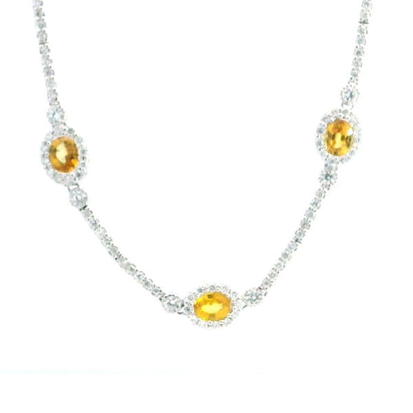 Vibrant Colored Stone Necklaces 3.00 Carats Yellow Sapphire & 1.55 Carats Diamond Station Necklace, 16 Inch