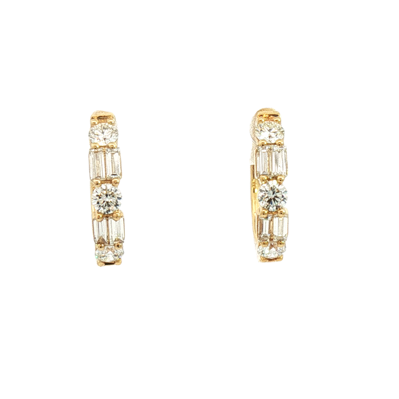 Classic & Contemporary 18K Yellow Gold 1.02 Carats Baguette & Round Diamond Small Hoop Earrings