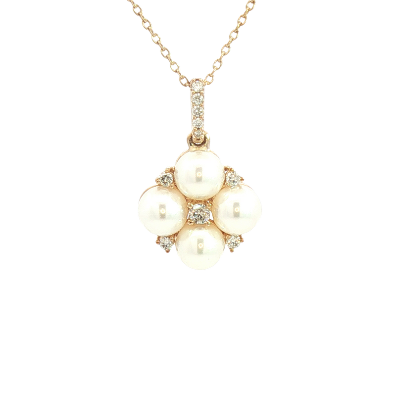 Elegant Pearl Necklaces & Pendants 10K Yellow Gold 5-MM Pearls & 0.10 Carats Diamond Drop Necklce - 18 Inch