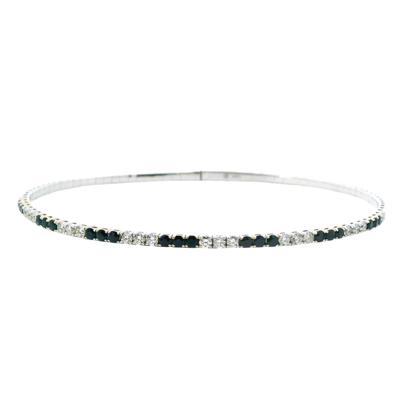 Elegant & Eye Catching 14K Gold Two-Toned 0.65 Carats H/I Diamonds & 0.88 Carats Sapphires Bangle Bracelet, Length 8 Inch
