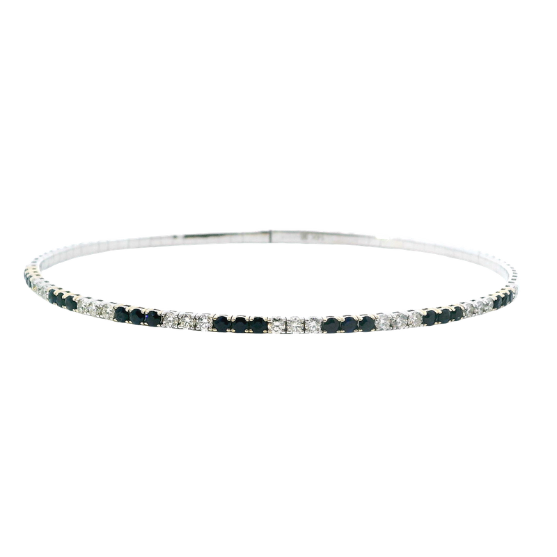 Elegant & Eye Catching 14K Gold Two-Toned 0.65 Carats H/I Diamonds & 0.88 Carats Sapphires Bangle Bracelet, Length 8 Inch