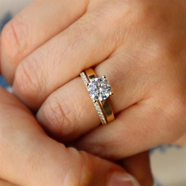 MPJ Elegant Diamond Mountings 14K Gold Yellow Diamond Accented Round False Carats, 6.5 6.5 MM Engagement Ring - 0.23 Carats Accent Diamonds