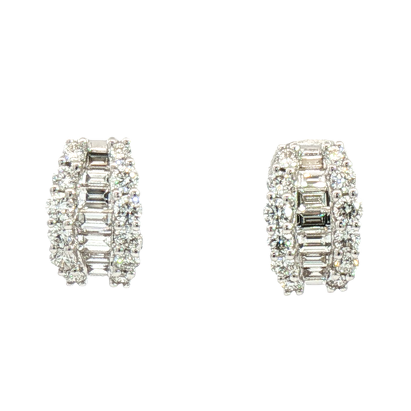 Classic & Contemporary 18K Gold White 1.39 Carats Baguette & Round Diamond Huggie Earrings