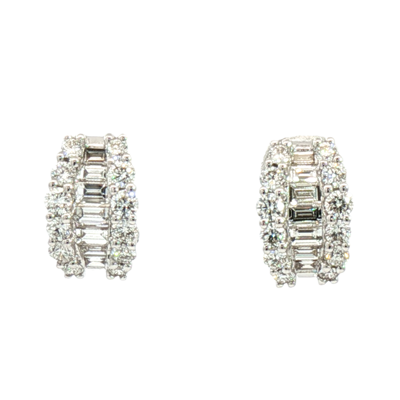 Classic & Contemporary 18K Gold White 1.39 Carats Baguette & Round Diamond Huggie Earrings