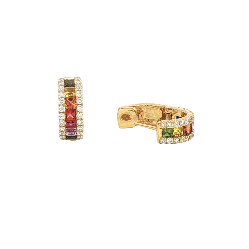 Vibrant Color Stone 18K Yellow Gold 0.75 Carats Multi Colored Fancy Sapphire & 0.32 Carats Diamond Huggie Earrings