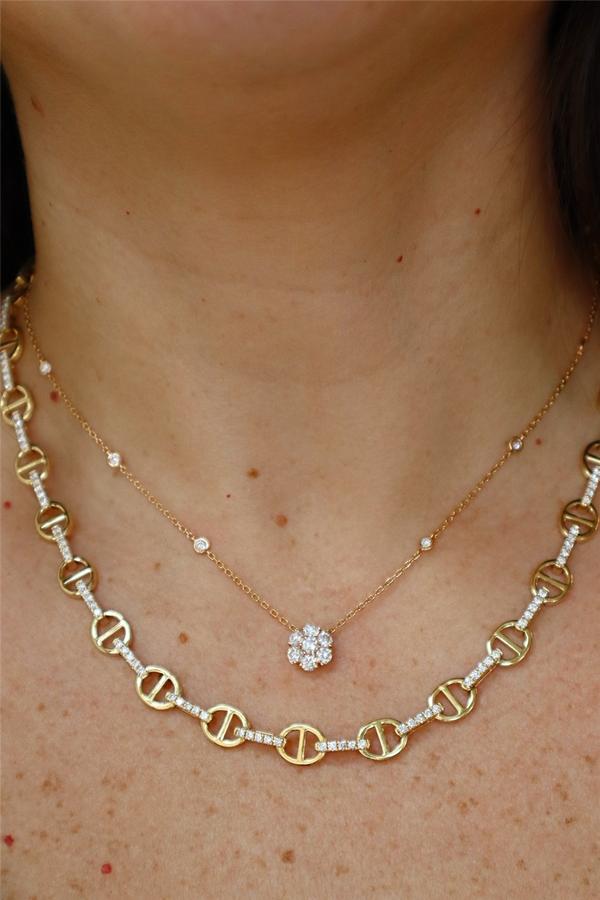Elegant Diamond Necklaces 18K Gold Yellow 2.64 Carats,150 Diamonds & Polished Link Necklace - 18 Inch