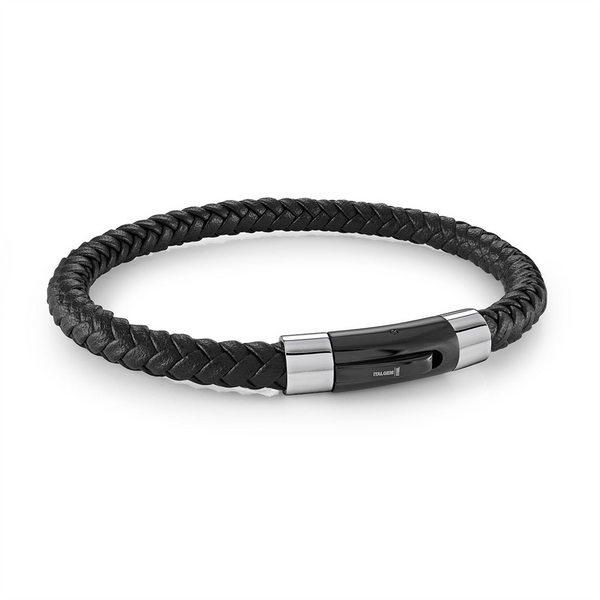 Bold & Stylish Alternative Metal Bracelets Two-Toned Stainless Steel & Black Leather Bracelet, 8.25 Inch