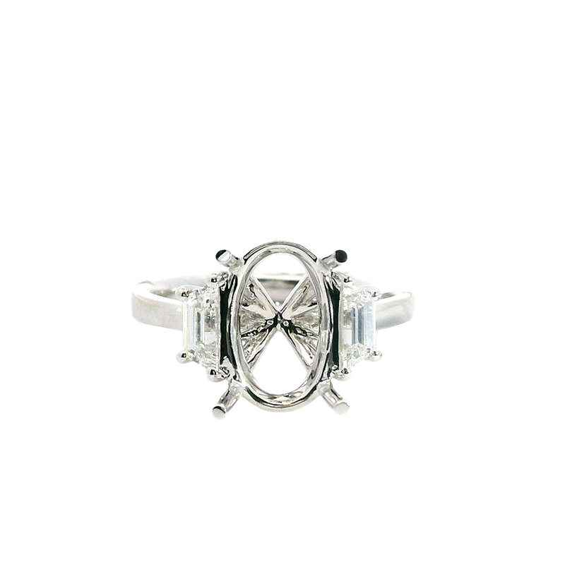 Elegant Diamond Mountings 18K Gold White 11.5x7.5MM Oval 3 Stone Engagement Ring - 0.41 Carats Trapezoid Accent