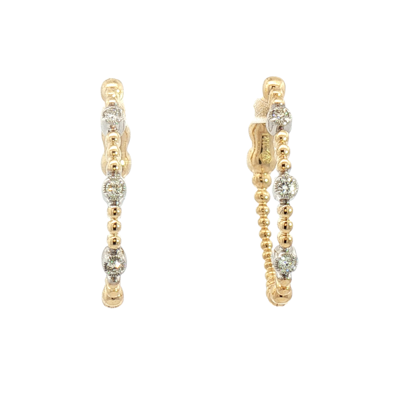 Classic & Contemporary 14K Yellow & White 0.11 Carats Diamond Oval Beaded Hoop Earrings