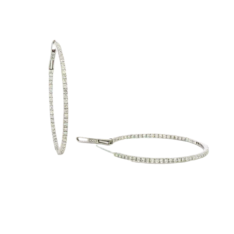 Classic & Contemporary 18K White Gold 1.23 Carats Diamond Inside Out 1 1/2 Inch Large Hoop Earrings