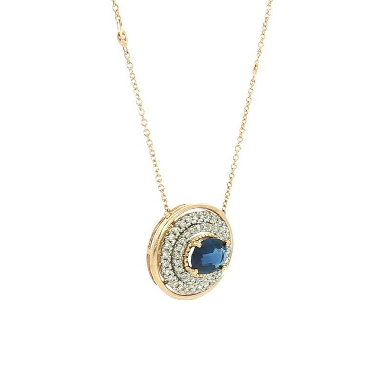 Vibrant Colored Stone Necklaces 14K Gold Yellow & White 1.26 Carats Sapphire & 0.44 Carats Diamond Necklace, 18 Inch