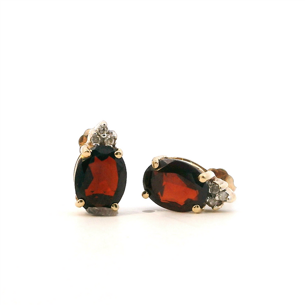 Vibrant Color Stone 10K Gold Yellow Estate Garnet & 0.03 Carats Diamond Drop Stud Earrings
