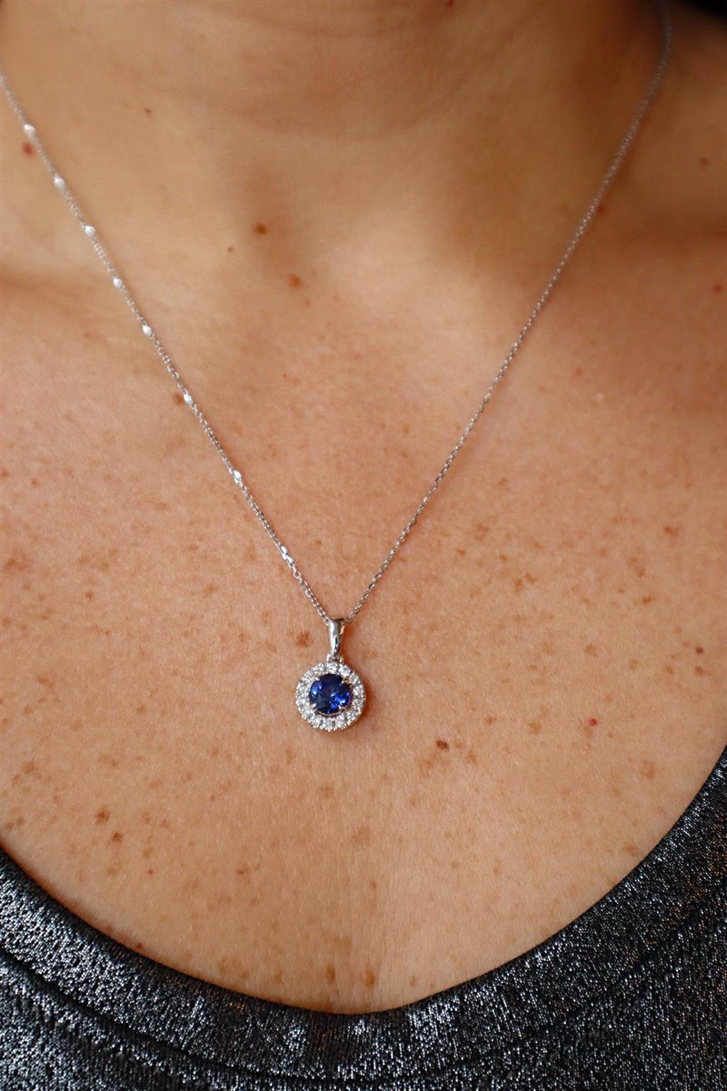 Elegant Colored Stone Necklace Platinum 1.07 Carats Blue Sapphire & 0.25 Carats Diamond Halo Necklace - 18 Inch