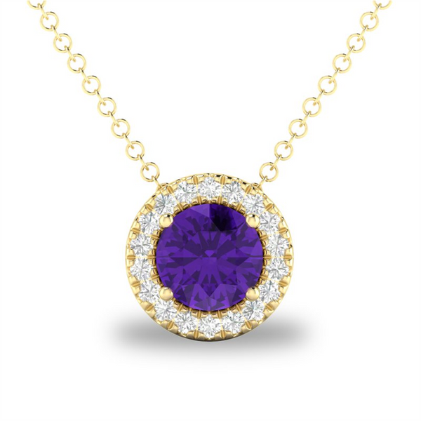 Yellow 10 Karat Gold 0.23 Carats Amethyst & 0.05 Carats Diamond Halo Necklace