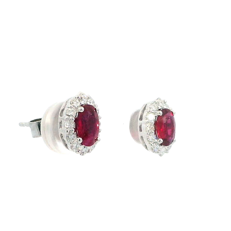 Vibrant Color Stone 18K White Gold 1.07 Carats Oval Ruby & 0.44 Carats Diamond Halo Stud Earrings