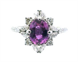 18K White Gold Halo Oval Pink Sapphire Ring with Marquise & Round Diamonds, 2.02ct Sapphire & 0.70ct Diamonds, F/G Color, VS2 Clarity