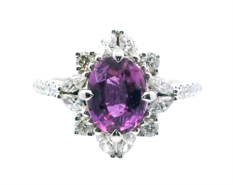 18K White Gold Halo Oval Pink Sapphire Ring with Marquise & Round Diamonds, 2.02ct Sapphire & 0.70ct Diamonds, F/G Color, VS2 Clarity