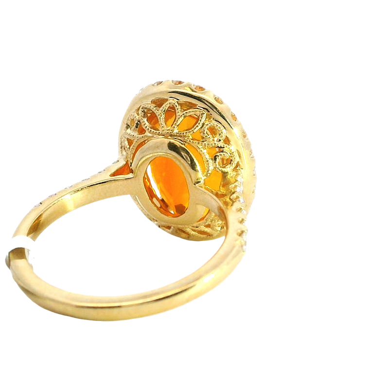 Elegant & Trendy 18K Yellow Gold 3.78 Carats Orange Fire Opal & 0.69 Carats Diamond Halo Ring