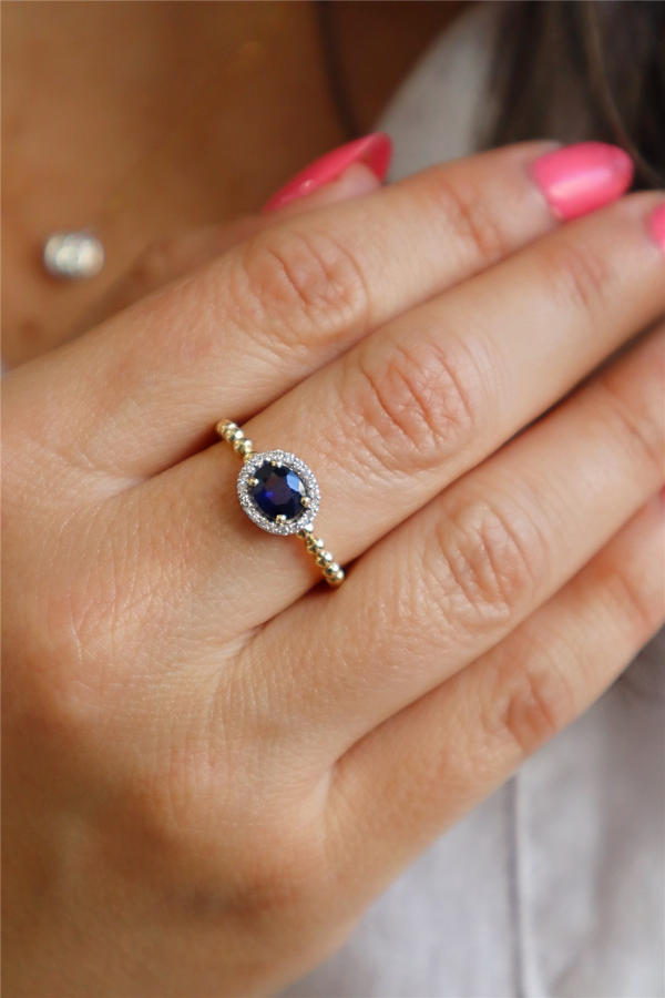 Bold & Elegant 14K Gold Yellow Halo Color Stone Fashion Rings - 0.71 Carats Oval Blue Sapphire & 0.10 Carats Diamond Halo Beaded Fashion Ring
